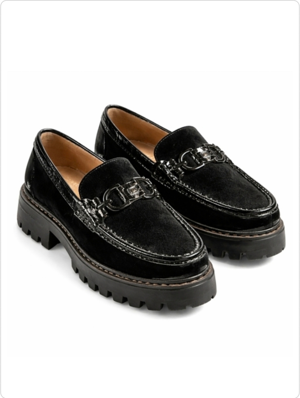 Donald Pliner 7M Black Suede & Patent Leather Lug Sole Loafers Gunmetal Horsebit